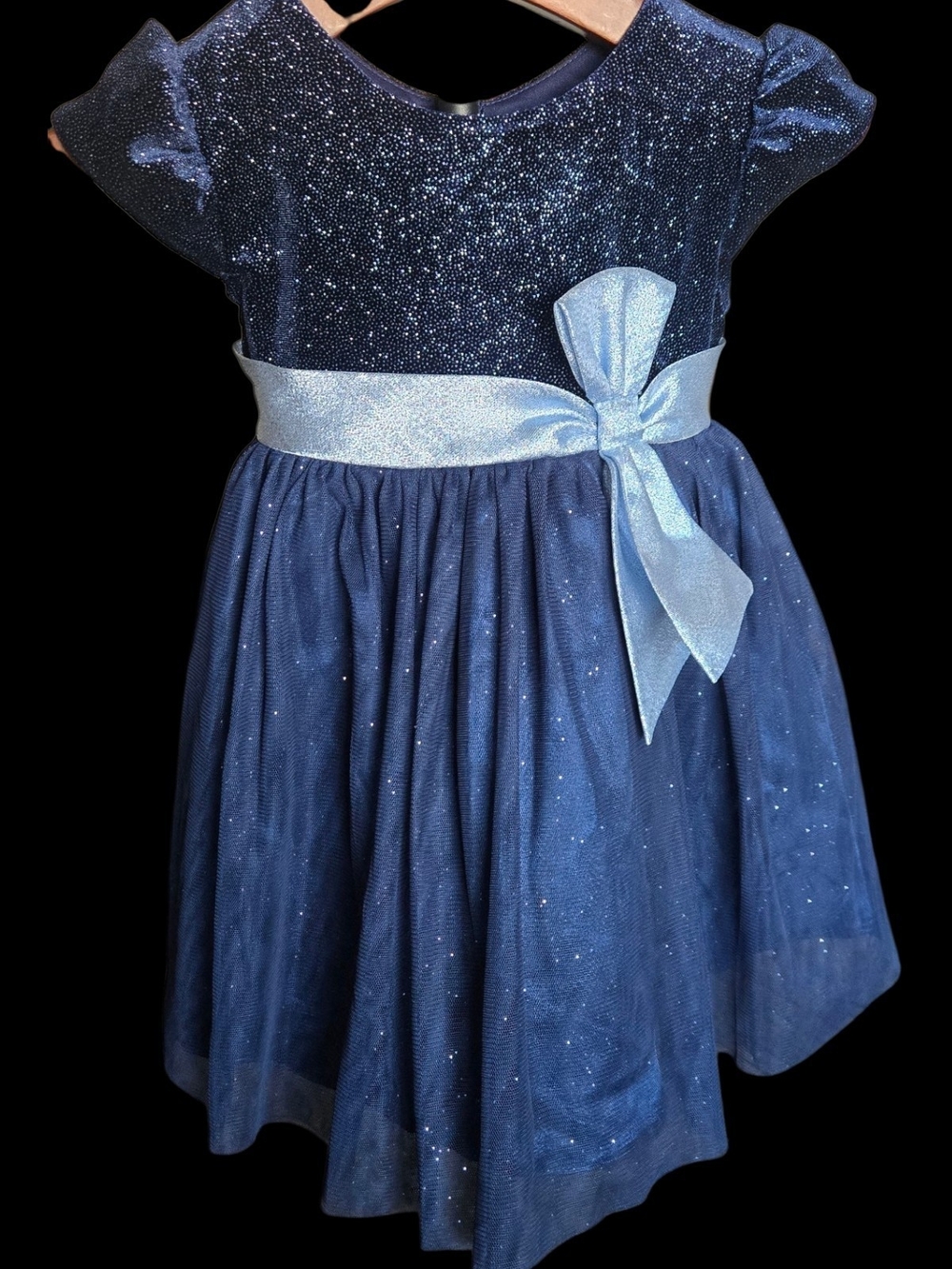Jona Michelle Sparkle Navy Tulle Dress with Light Blue Bow Sz 2T